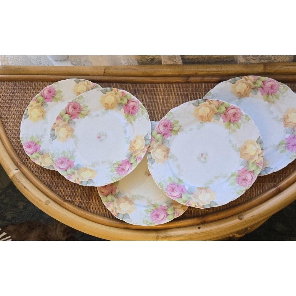 Antique Porcelain Plates 'Louvre' Series Hand- Painted Pink And Yellow Roses